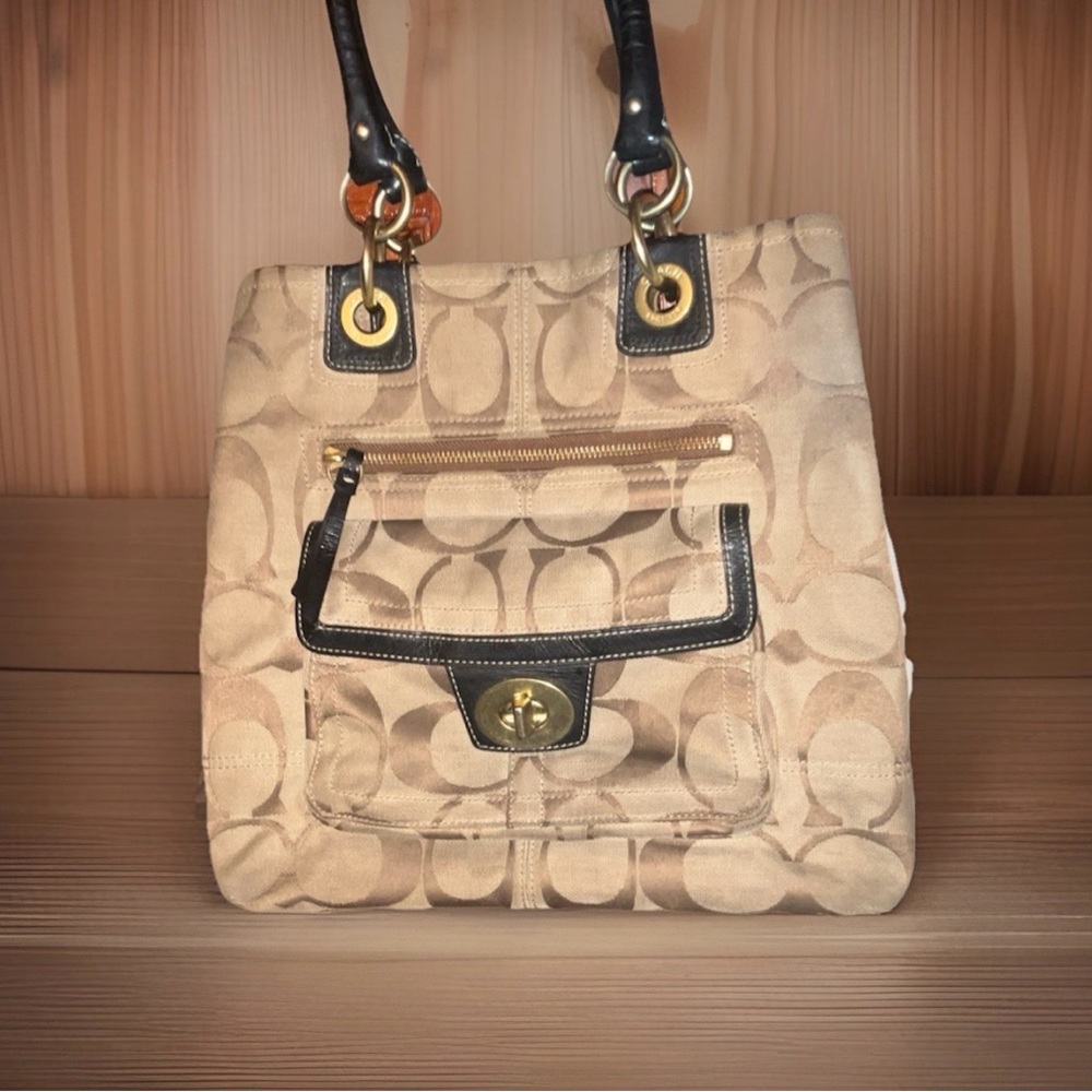 Classic Beige Signature Tote Bag with Black Trim